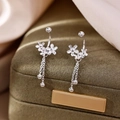 Elegant 925 silver plated flower stud earrings with delicate double chain tassel drop - Three Flowers Tassel Bead Pendant (A210)