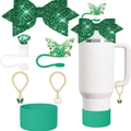 Glitter butterfly straw cover set with silicone cup sleeve and gold chain for water cups - Green