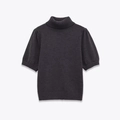 Dark grey turtleneck short sleeve knit sweater with puff sleeves and ribbed hem details - S / Dark Gray