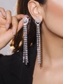 Elegant silver long tassel drop earrings with sparkling rhinestones worn by a model - Silver Multi-layer Full Diamond Tassel Earrings