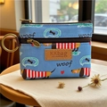 Blue mini dachshund print canvas coin purse with dual zippers and metal ring - Striped Dog - Sky Blue
