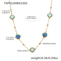 Golden stainless steel necklace with five square blue glass stones on white background - Necklace / Gold Blue Mix