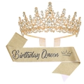 Golden Birthday Queen glitter sash and crystal crown set for women birthday party decor - Black Font Queen (Italic) Gold Set