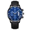 Men's fashion quartz watch with navy blue dial and black leather strap in classic style - Blue Dial Silver Hands Black Case