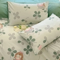 Minimalist white pillowcase set with green clover and cute girl cartoon patterns - Garden Girl