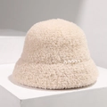 Warm thick beige lamb wool bucket hat for women featuring elegant side pearl decorations - Beige