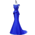 Royal blue mermaid evening gown with lace bodice and peplum waist on white background - US Size 2 (S) / Blue