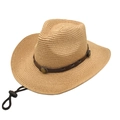 Chapeau de cowboy en paille avec bande en cuir, bord incurvé et mentonnière réglable - M (56-58cm) / Kaki