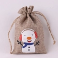 Linen Christmas drawstring gift bag with a cute snowman illustration on natural brown fabric - Snowman