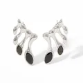 Silver leaf-shaped stainless steel earrings with marquise-cut black zircon stones - Silver/Black