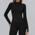 Women's slim fit black brushed yoga jacket and leggings set with thumb holes - S / Premium Black