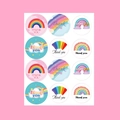 Rainbow thank you stickers featuring colorful clouds on a pink background, 12 pieces - Rainbow Cloud Theme / 12pcs