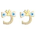 Close-up of golden Evil Eye stud earrings with bow tie and sparkling pavé crystals - C-Shape Bowtie Evil Eye-42104