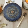 Detailed top view of the round shaman drum featuring a colorful mandala and wooden mallet - Mandala Pattern / Colorful Mosaic
