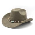 Detail of khaki suede cowboy hat with ethnic beads and shell decorative band trim - Army Green