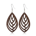 Detailed view of hollow wooden leaf earrings with silver hooks on white background - Style 22