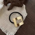 Elastic hair tie with gold square brushed metal accessory on textured fabric - Gold Hollow Rectangle