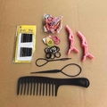 Hair styling tool set including hair pins, rubber bands, clips, and a black wide-tooth comb - Set of 7 Figures / Multicolor