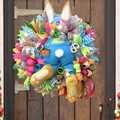 Easter bunny wreath with blue overalls and colorful ribbons on a vintage wooden door - Bunny Wreath Style A