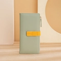 Women's long green leather wallet with yellow contrast strap and zip closure - Green