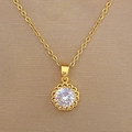 Detail of gold necklace featuring a sparkling circular cubic zirconia pendant charm - Round Hollow Micro-set Pendant / Gold