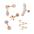 Detailed set of 5 rose gold geometric ear studs featuring Fatima hand and star designs - Set 21 (Rose Gold/Hamsa Hand/Helix Star)