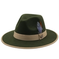 Vintage dark green wool felt fedora hat with feather trim and khaki grosgrain ribbon band - Army Green with Border