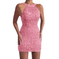 Pink halter neck sequin mini dress with shimmering fringe hem in a slim fit silhouette - Pink