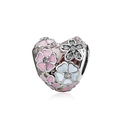 Pink heart charm bead with enamel floral patterns and small crystals for DIY bracelets - Heart Flower / Pink Rhinestone