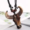 Ethnic style necklace featuring a detailed brown bull skull resin pendant with wood beads - Bull Head