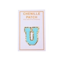 Detail of light blue Chenille letter U patch with gold glitter edge and adhesive backing - Light Blue Letter U