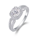 S925 silver cushion-cut moissanite halo ring with a split shank and pavé diamonds - R13076 Cushion Cut Style