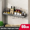 Modern 60cm gunmetal grey kitchen spice rack wall-mounted with hooks 45-degree view - Gun Grey Rack 60cm - Single Layer 5 Hooks