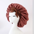 Dark rose satin hair bonnet with large brown bow detail for sleeping hair care - Medium Single Layer Ribbon / Brown
