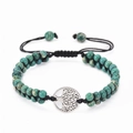 Double-layer braided natural turquoise bead bracelet with silver Tree of Life charm - Green Imperial Stone
