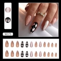 French almond press-on nails with black harlequin pattern and silver glitter accents - W375 Sparkling Grid (Glue Type)