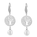 Silver tree of life hollow disc earrings with elegant white pearl drops for women - Silver Tree of Life (KE80021-GC)