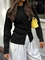 Detail of a slim fit black ribbed knit cardigan featuring matching button closures - S / Black