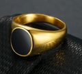 Brushed gold signet ring for men featuring a polished round black enamel inlay - US 5 / Gold
