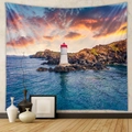Détail d'une tapisserie bohème avec phare au coucher du soleil sur un mur gris clair - Phare du Bord de Mer (GT109622) / 73X95CM (Brossé Transfrontalier)