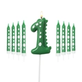 Green dinosaur number 1 birthday candle set with polka dot pencil candles for kids - Number 1 And Polka Dot Candles
