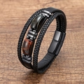 Pulsera multicapa de cuero negro para hombre con cuentas ojo de tigre y cierre de acero - Modelo 3