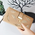 Women's long minimalist wallet in warm brown faux leather with hollow leaf pattern - Apricot