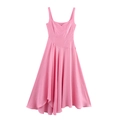 Elegante vestido rosa de tirantes con dobladillo asimétrico y silueta evasé fluida - XS / Rosa