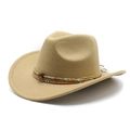 Detail of western wool fedora featuring multi-layer ethnic beadwork and oval gemstone - Camel