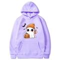 Light purple Halloween hoodie with ghost and pumpkin prints on a white background - Lavender