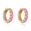 Golden flower hoop earrings with pink and white enamel petals on a white background - White And Rose Red Enamel Clover