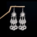 Vintage silver tribal earrings with sunburst motif and tiered bohemian tassels - Sun Pattern Three-Layer Tassel Style (E4452)