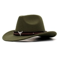 Olive green felt cowboy hat with leather band and silver bull skull metal ornament - Army Green (Cowboy Bull Head)