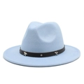 Light blue wide brim wool jazz hat with a black studded star band on white background - Sky Blue